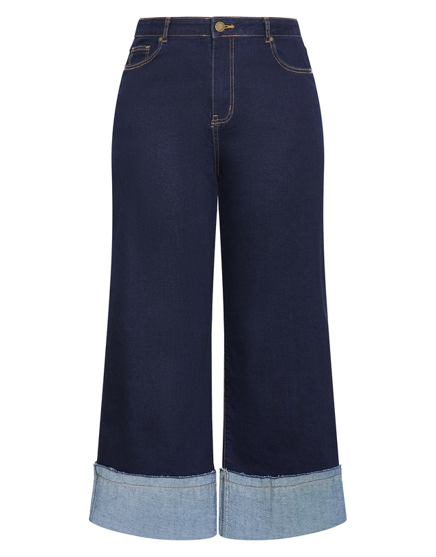 City Chic - Plus size Harley Fit Turn Up Wide Leg Crop Jean - dark wash