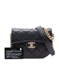 Pre-Loved by Azura Reborn - Pre-Loved Mini CC Quilted Shiny Calfskin Round Moon Messenger Flap