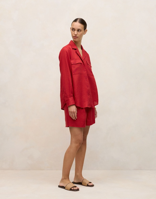 Trenery - Linen Pocket Detail Long Sleeve Shirt in Cherry Red