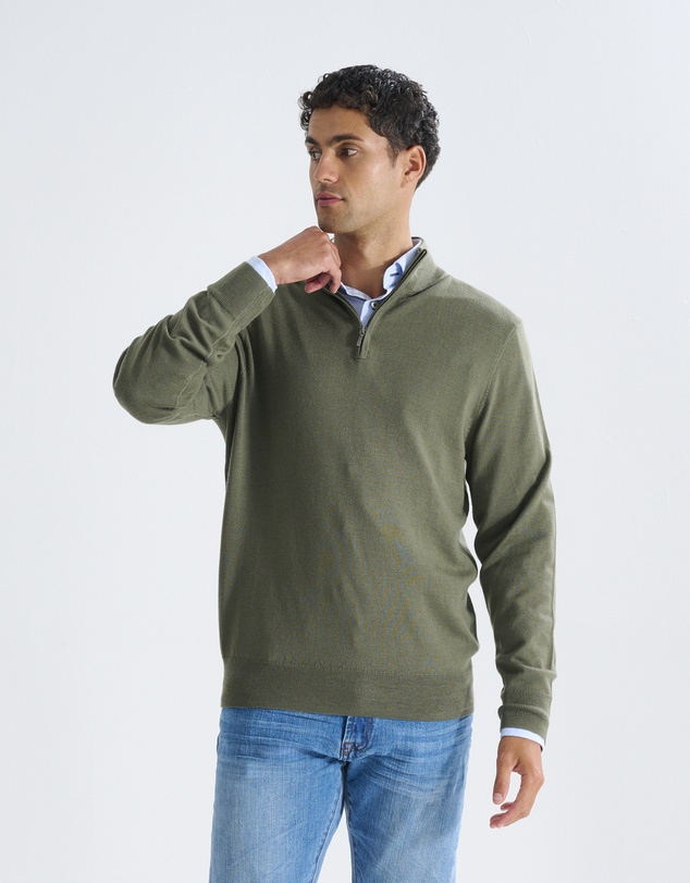 3 Wise Men - 3 Wise Men Harvey Zip Neck Merino Knit - Army Green