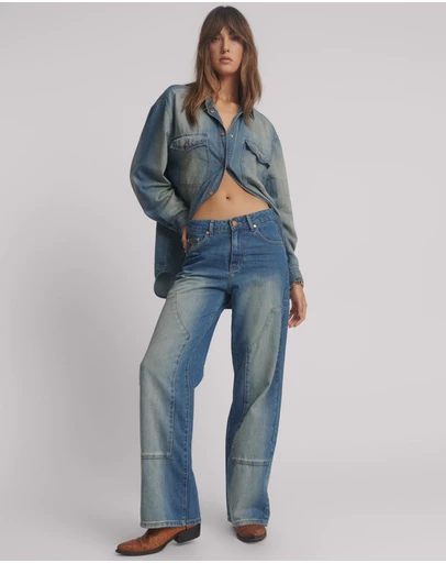 ONE TEASPOON - Jackson Mid Waist Wide Leg Denim Jeans - Blue Ranch
