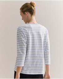Trenery - Cotton Stripe 3/4 Sleeve T-shirt in Cornflower Blue