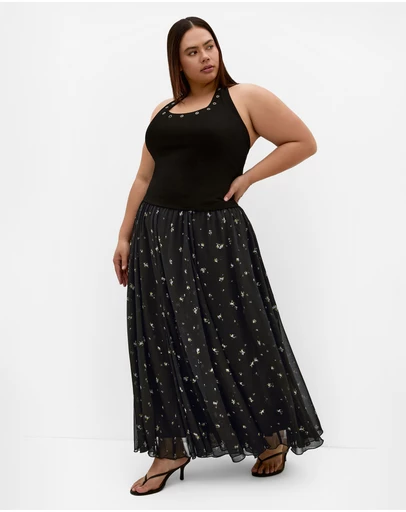 City Chic - Plus size Serena Posy Print Maxi Skirt - black