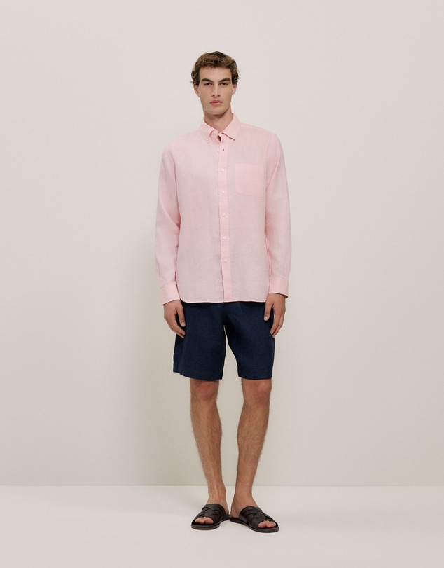 Trenery - Regular Fit Linen Classic Long Sleeve Shirt in Blossom Pink