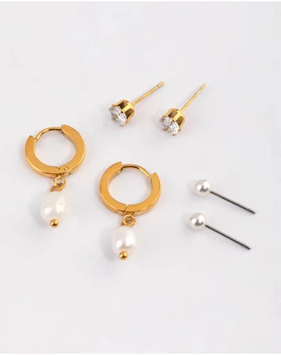 Lovisa - Waterproof Gold Plated Stainless Steel Cubic Zirconia Pearl Drop Huggie Earrings Pack