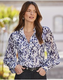Sosandar - Blue & White Spot Print Blouson Sleeve Shirt