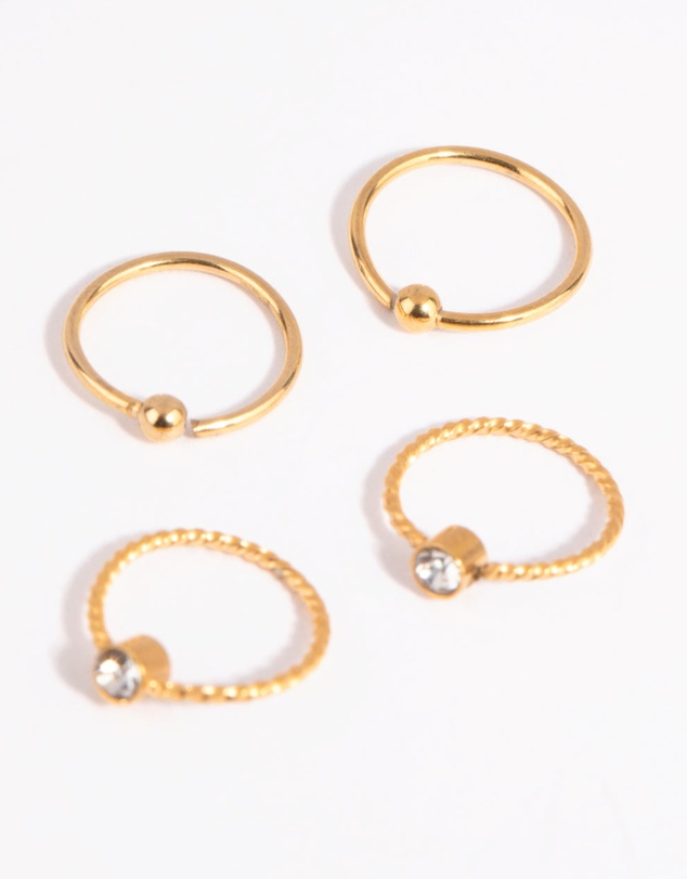 Lovisa - Gold Plated Surgical Steel Textured Diamante Nose Ring 4-Pack