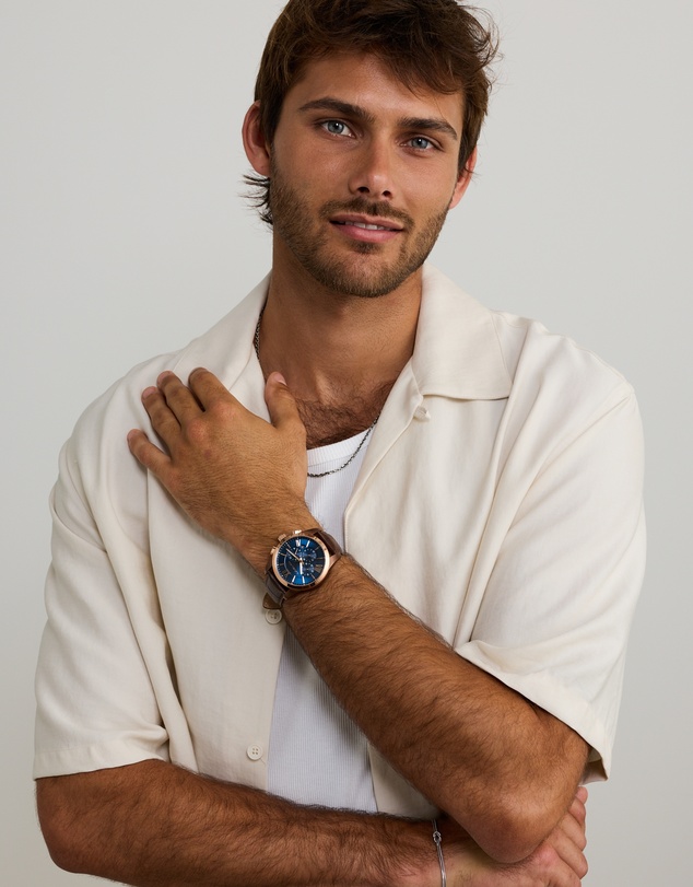 Michael Hill - Men's Chronograph Watch in Rose Tone Stainless Steel and Brown Leather