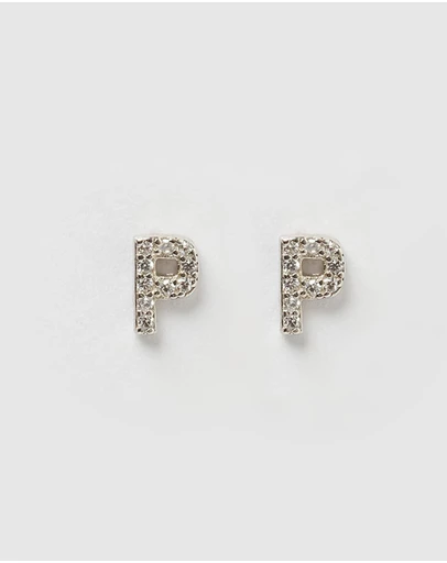 Izoa - Alphabet Mini Letter P Stud Earrings Silver