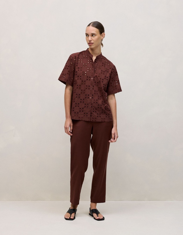 Trenery - Cotton Geo Cutwork Short Sleeve Shirt in Espresso