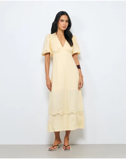 AERE - Dita Trim Puff Sleeve Midi Dress