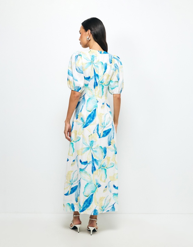 AERE - Kira Puff Sleeve Linen Midi Dress