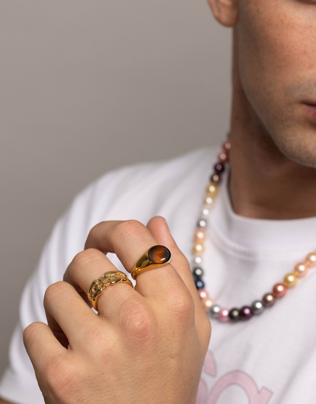 Nialaya Jewellery - Gold Oval Signet Ring with Brown Tiger Eye