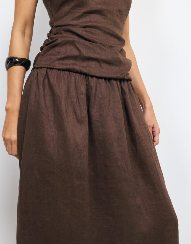 AERE - Eira Ruched Drop Waist Linen Maxi Dress