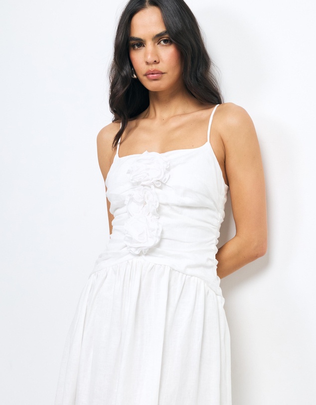 AERE - Eloe Ruched Linen Flower Maxi Dress