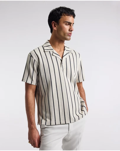 Calibre - Loose Fit Stripe Cuban Collar Polo Sand