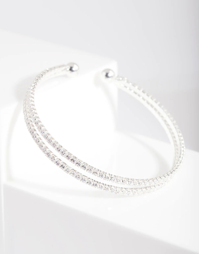 Lovisa - Silver Cubic Zirconia 2 Row Cuff Bracelet
