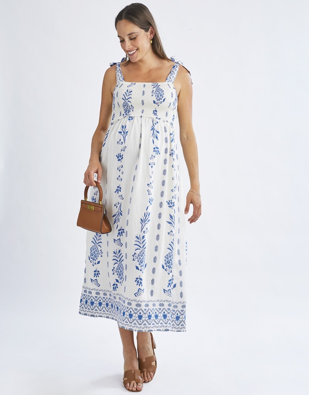 Angel Maternity - Aenor Blue Border Print Summer Dress
