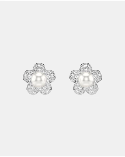 Swarovski - Ariana Grande x Swarovski Stud Earrings, Crystal Pearl, Round Cut, Flower, White, Rhodium Plated