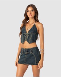EDIKTED - Elara Washed Denim Lace Up Corset