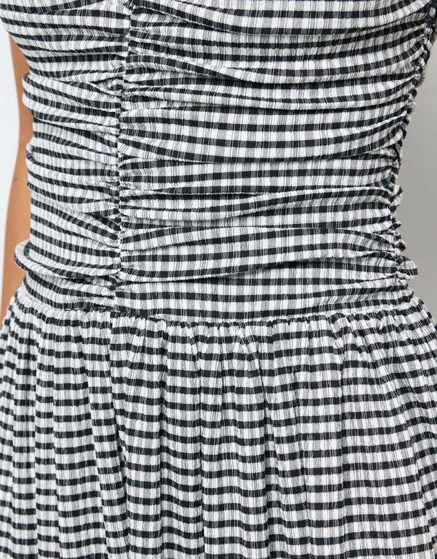 AERE - Anka Gingham Ruched Midi Dress