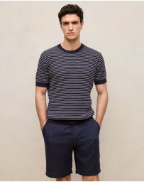 Trenery - Linen Cotton Rib Stripe Knit T-shirt in Navy