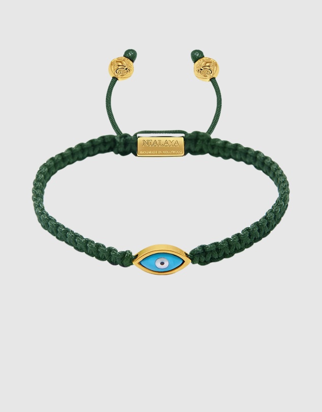 Nialaya Jewellery - Men's Dark Green String Bracelet with Gold Evil Eye