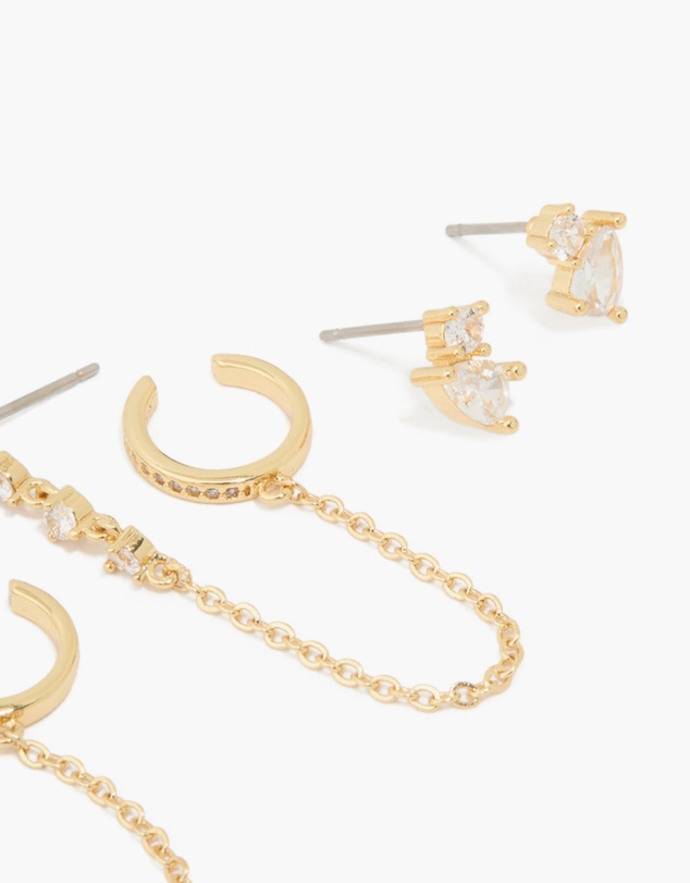 Lovisa - Gold Plated Brass Cubic Zirconia Stud & Chain Earrings 3-Pack