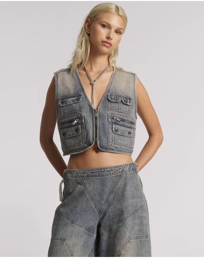 ONE TEASPOON - Cropped Denim Utility Vest - Island Blue