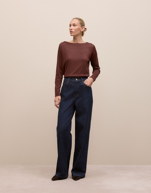 Trenery - Metallic Boat Neck Long Sleeve T-shirt in Espresso