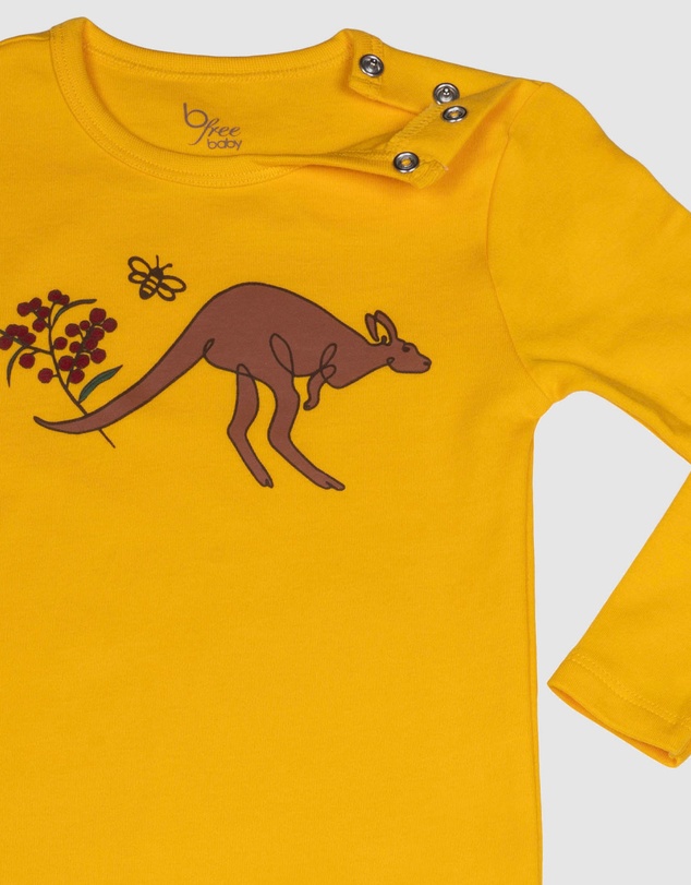 B Free Intimate Apparel - Baby Snap Button Sleepsuit with Booties - 100% Organic Cotton - Yellow Kangaroo