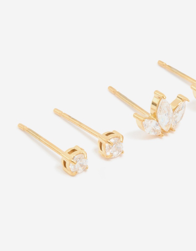Lovisa - Waterproof Gold Plated Stainless Steel Cubic Zirconia Mixed Shaped Stud Earrings 3-Pack
