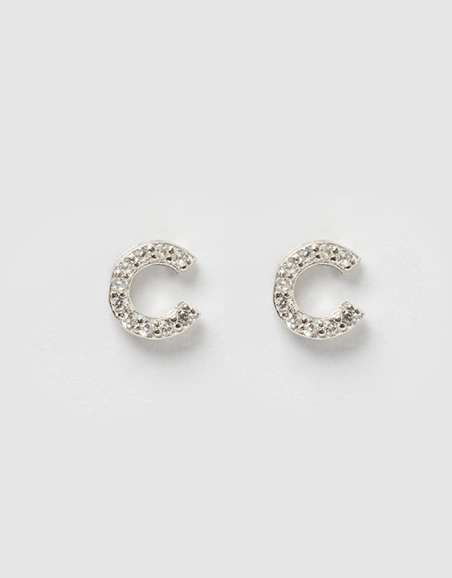 Izoa - Alphabet Mini Letter C Stud Earrings Silver
