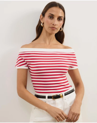 Atmos&Here - Esme Stripe Jersey Off Shoulder Top