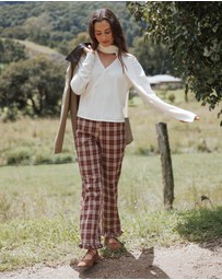 Petal & Pup - Kaelia Frill Hem Straight Pant - Burgundy Plaid