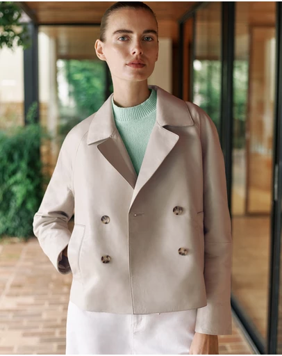Trenery - Leather Double Breasted Cropped Jacket in Stone