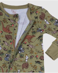 B Free Intimate Apparel - 100% Organic 2-Way Zip Sleepsuit - Baby & Toddler Khaki Native Aussie Animals