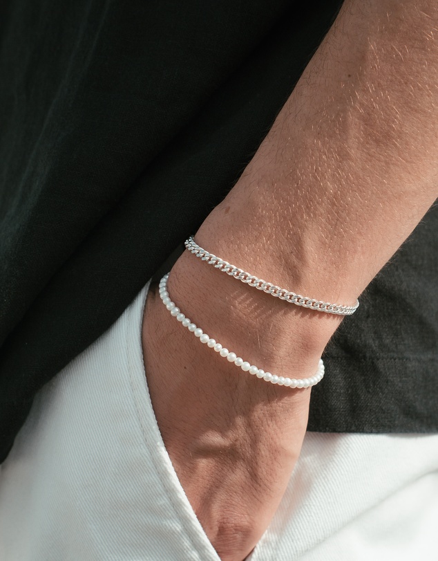 Kuzzoi - ICONIC EXCLUSIVE - Curb Chain and Pearl Bracelet Set in 925 Sterling Silver