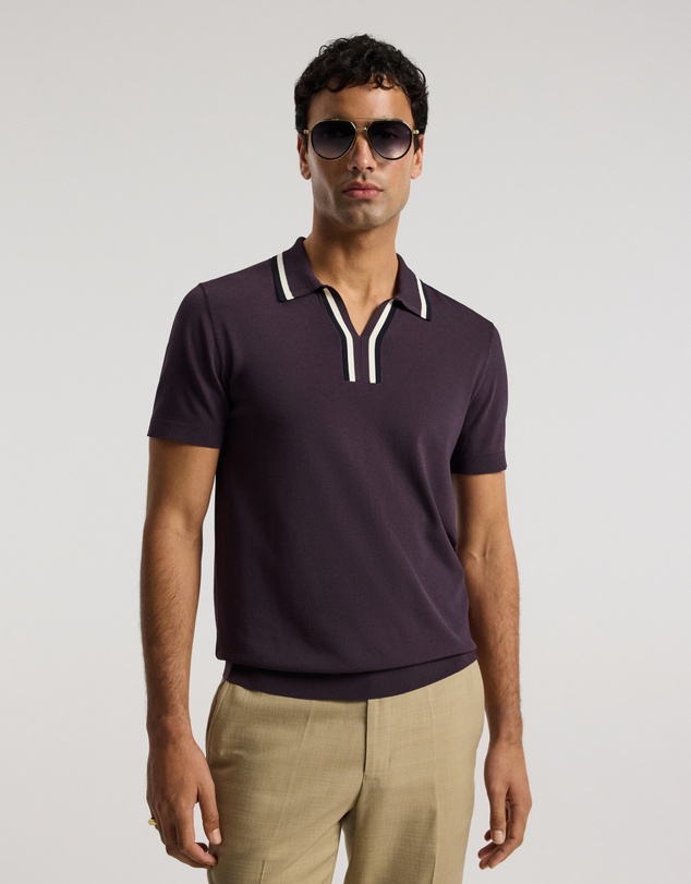 Calibre - Stripe Open Neck Knit Polo Plum