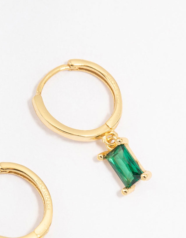 Lovisa - Gold Plated Sterling Silver Green Cubic Zirconia Baguette Hoop Earrings