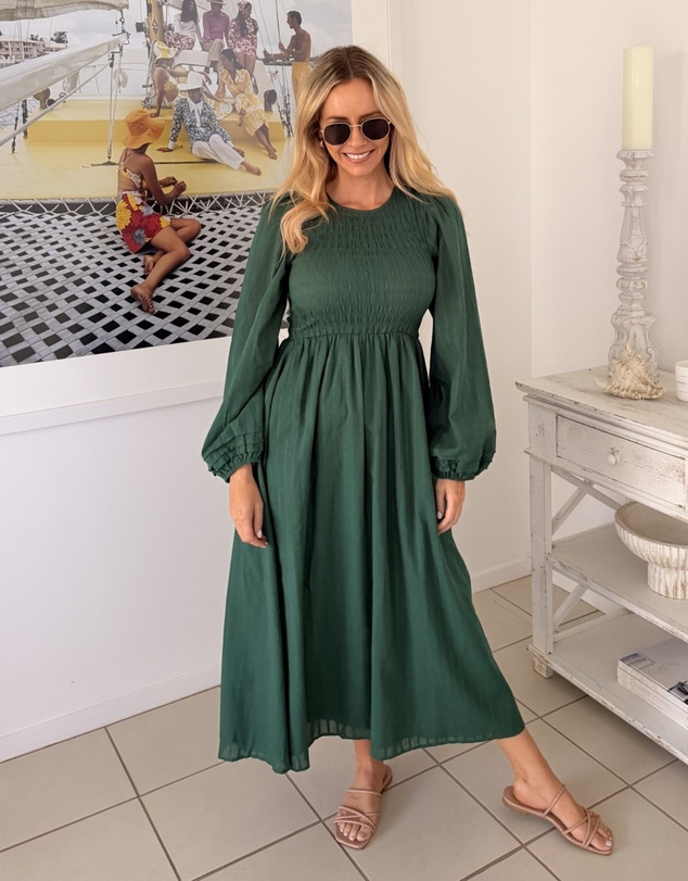 Esther & Co - Iolana Dress - Deep Green Long Sleeve