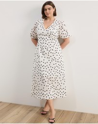 Atmos&Here Curvy - Stephanie Polka Dot Sweetheart Puff Sleeve Linen Blend Midi Dress