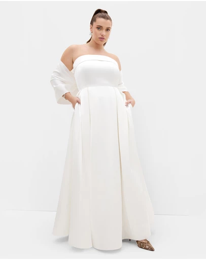 City Chic - Plus size Duchess Satin Gown With Shawl - ivory